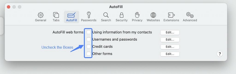 uncheck the boxes for using autofill | remove autofill on mac