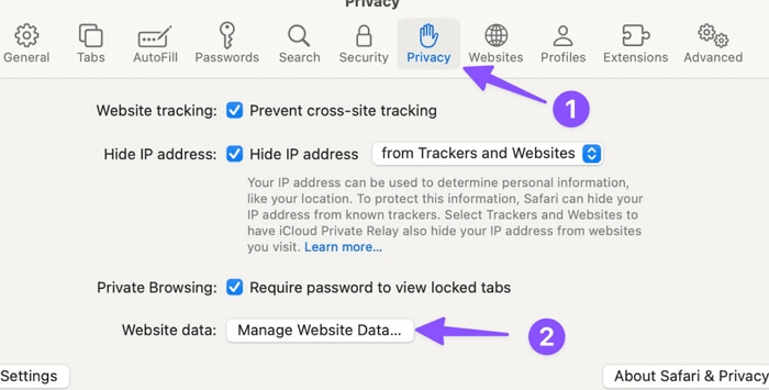 click Manage Website Data in Safari settings | Delete Temp Files Mac