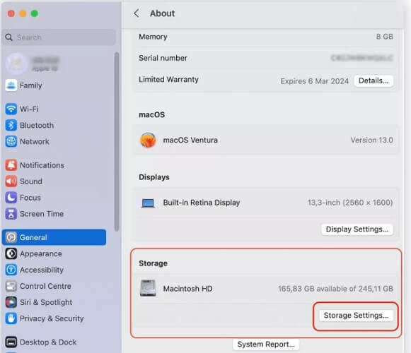 click Storage Settings | Remove Purgeable Space Mac