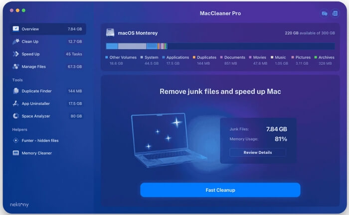 Интерфейс MacCleaner Pro | Лучшее бесплатное программное обеспечение для очистки Mac