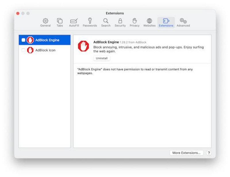 Удалить расширение | сбросить Safari на Mac